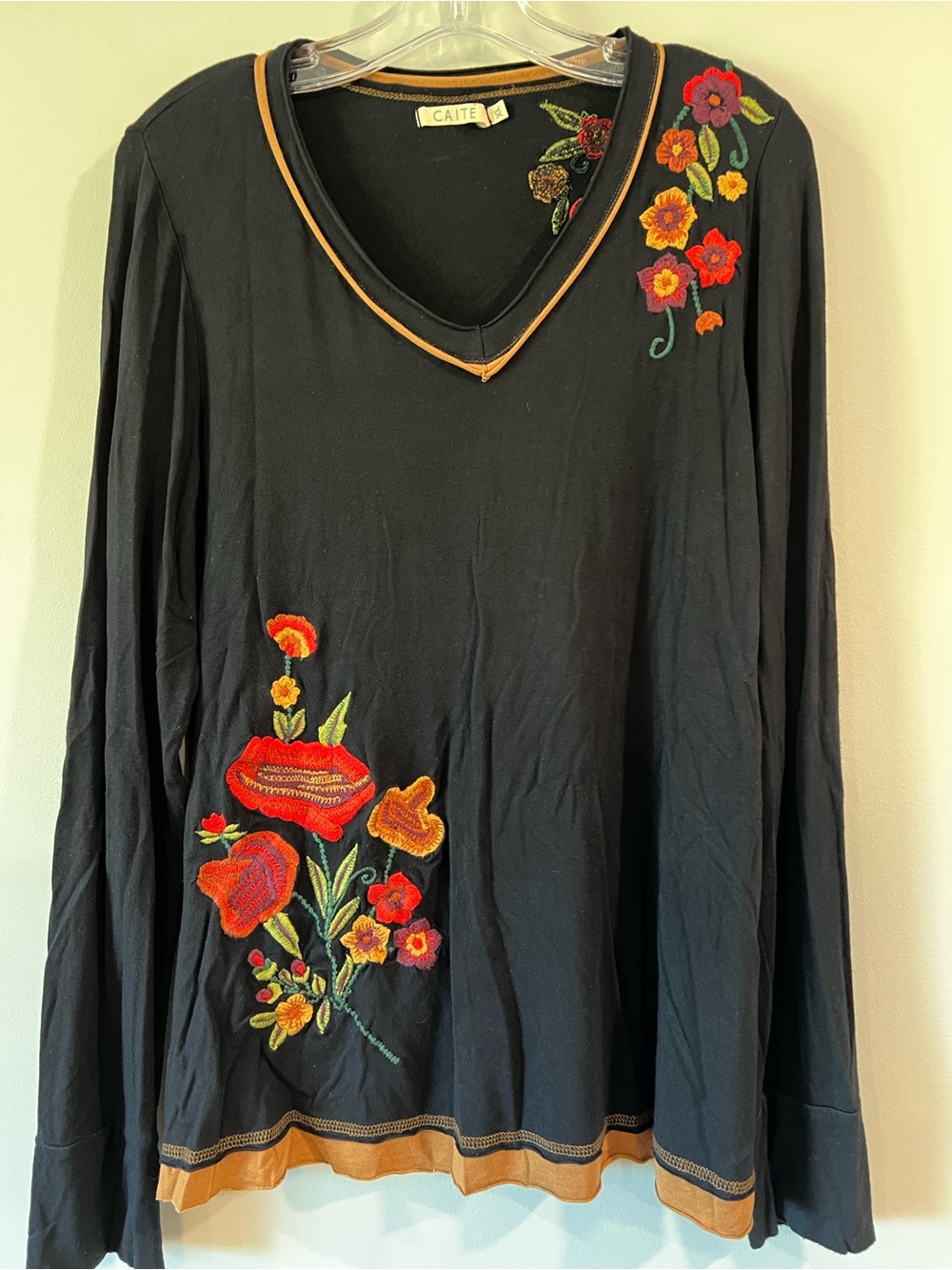 Black Floral Embroidered Long-Sleeve V-Neck Top - xl, boho, crunchy, witchy